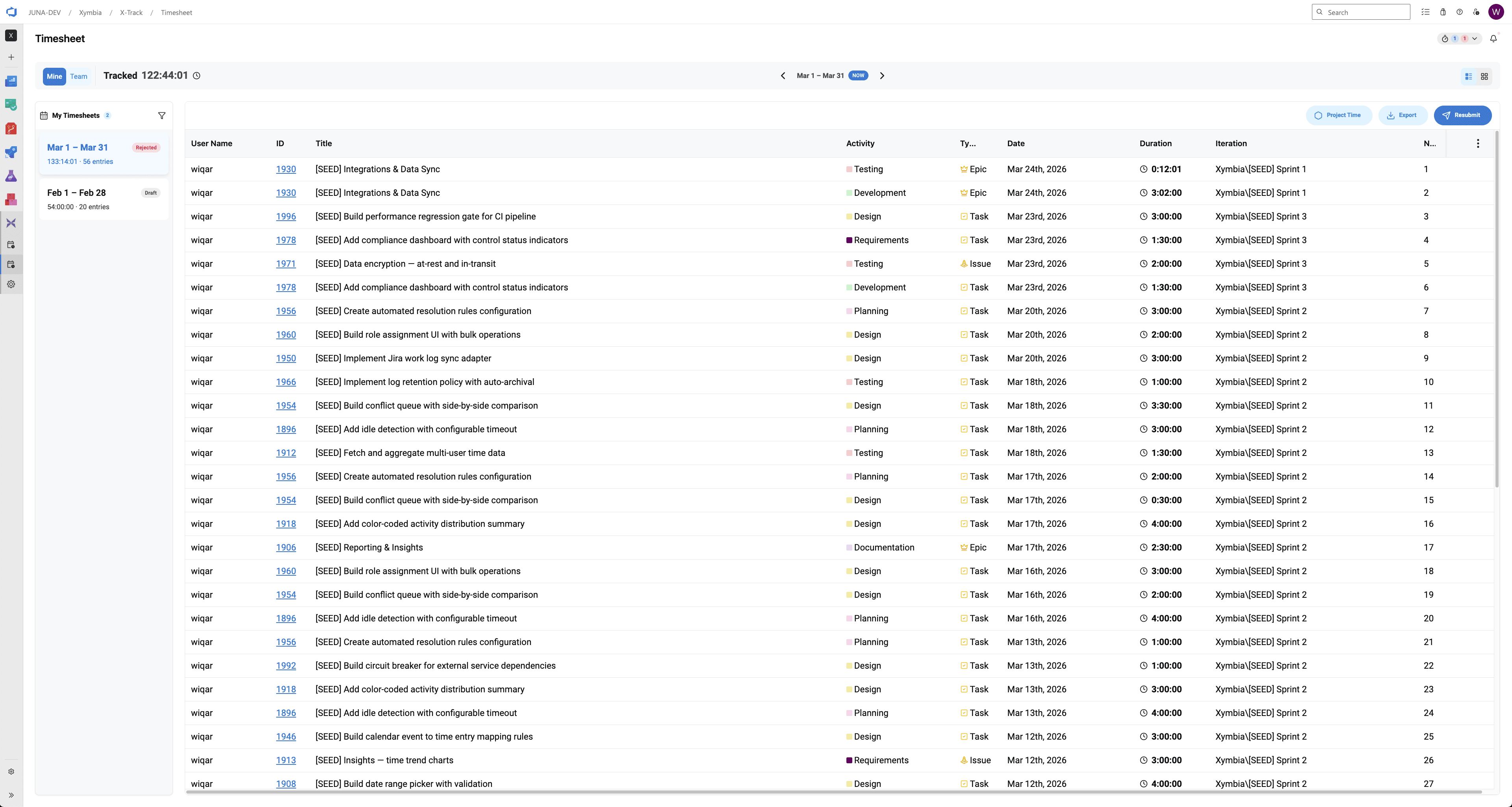 Member timesheet view showing exportable time entries