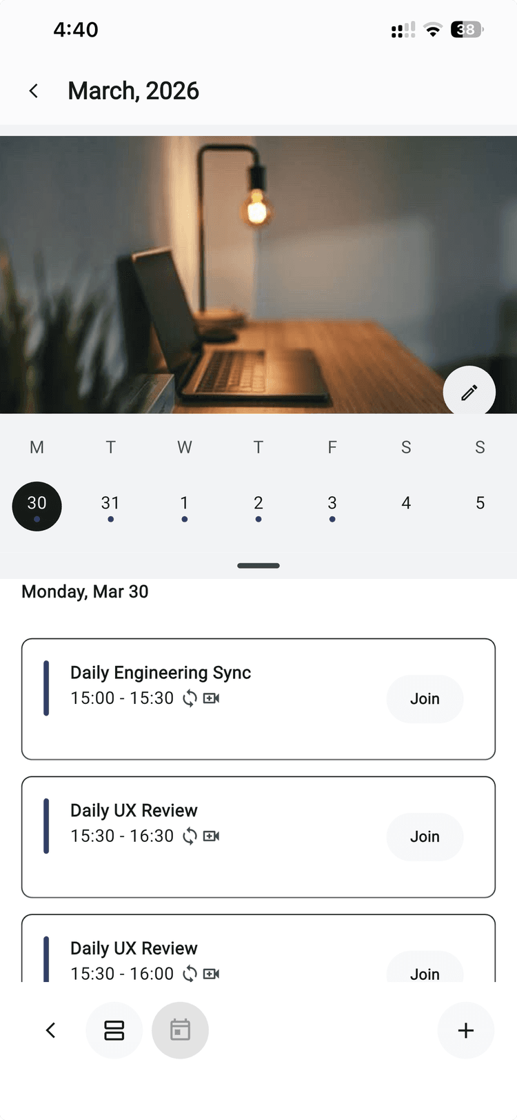 Calendar view showing work events like Daily Engineering Sync and UX Review